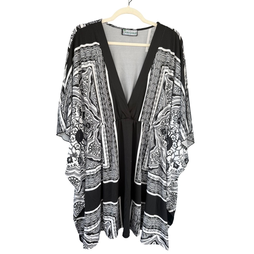C2 Portocruz Bathing Suit Cover Up Medallion Kaftan Boho V-Neck Kimono Sleeve